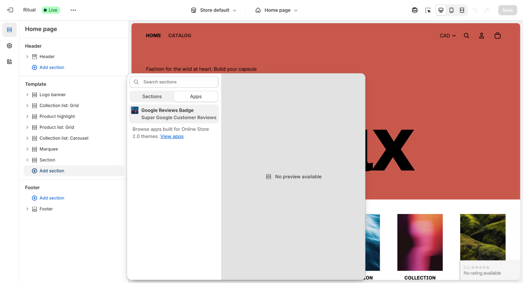 Shopify theme editor showing the Google Reviews Badge block being added to a page with customization options visible